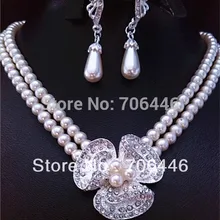 Посеребренная Ясно Украшенные стразами Diamante двойной нити цвета слоновой кости с искусственным жемчугом Свадебные Цепочки и ожерелья и Серьги Ювелирные наборы