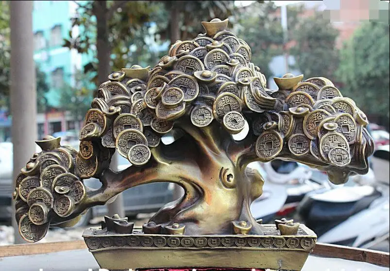 

free 17" Chinese Feng shui Bronze Bring Wealth Yuanbao Money-Tree Landscape Tree Statue fast