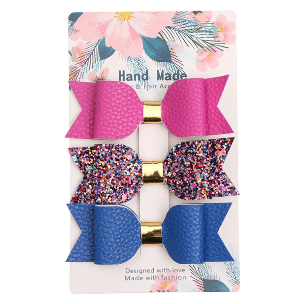 3pcs Gift Artificial Leather Decoration DIY Styling Tools Kids Accessories Hair Clip Party Fashion Bowknot Shape Cute Glitter
