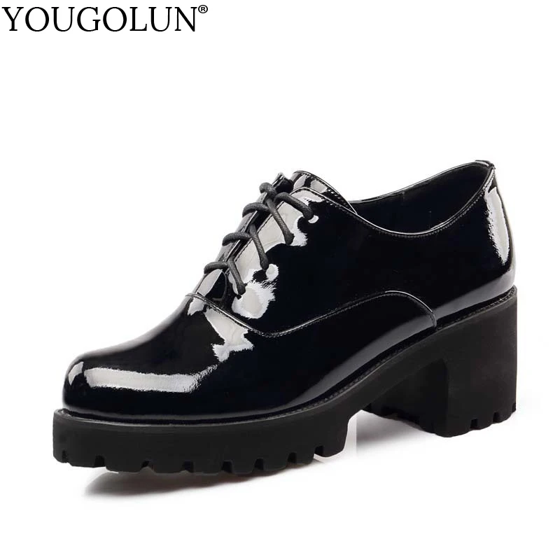 

YOUGOLUN Women Pumps New Spring Woman Genuine Patent Leather High Square Heels Elegant Lace-up Burgundy Black Dress Shoes #A-073