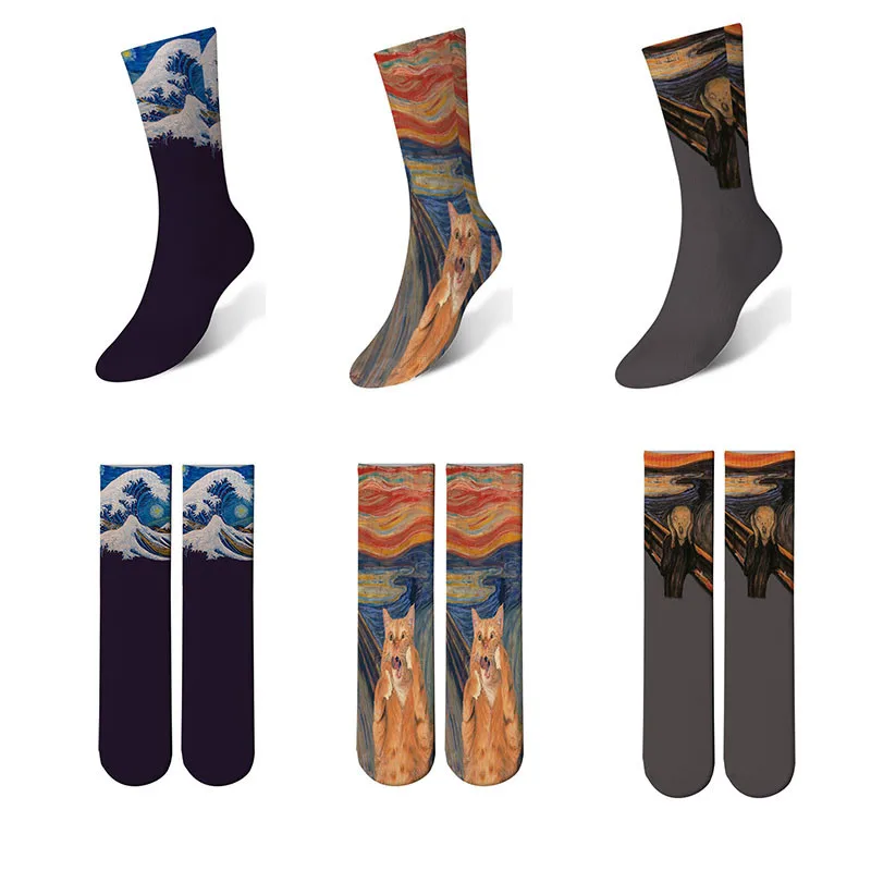 1 пара, Осень-зима, женские длинные хлопковые носки, искусство, забавная известная картина маслом, креативные Дышащие носки, женские носки meias 6S-ZWL23