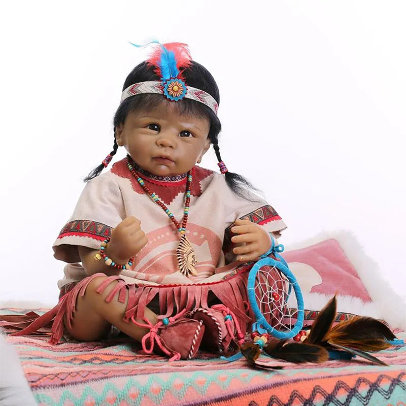 

22"Indian Doll Handmade Soft Silicone Reborn Baby Doll Alive Black Skin Toddler Dolls Toys for Children Birthday Gifts