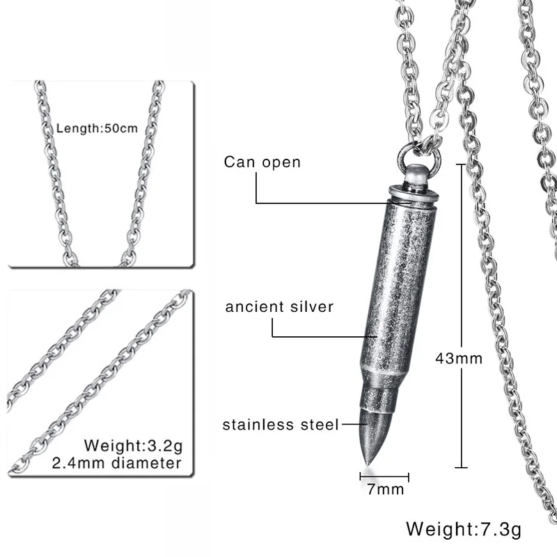 Vnox, можно открыть пулю кулон для мужчин ожерелье 2" цепь из нержавеющей стали, винтажное посеребренное Стильное мужское ювелирное изделие