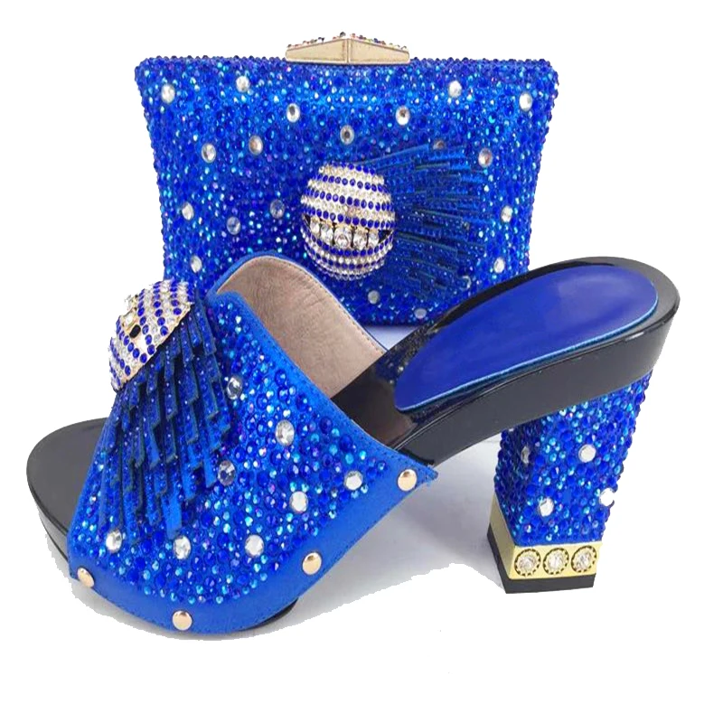 

Rhinestones stones italian shoes and bag set in royal blue color middle heel 3.5 inches slippers and clutches bags 2018 SB8159-9