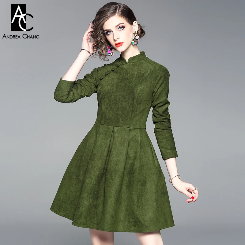 autumn winter woman dress dark army green dress ball gown Chinese style