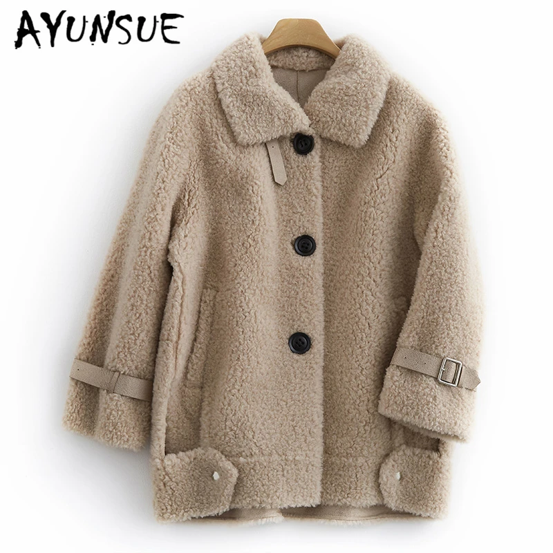 

AYUNSUE 2019 Women's Fur Coat Female Sheep Wool Fur Jackets Winter Coat Women Real Wool Jacket PU Liner Outerwear BL190234LW605