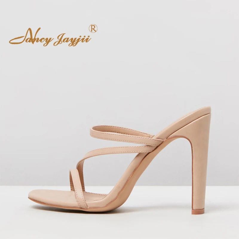 

Nude&Black Slim Strap Open Square Toe High Chunky Heel Sandals Woman Soft Leather Slip On For Ladies Shoes Casual Dress Concise