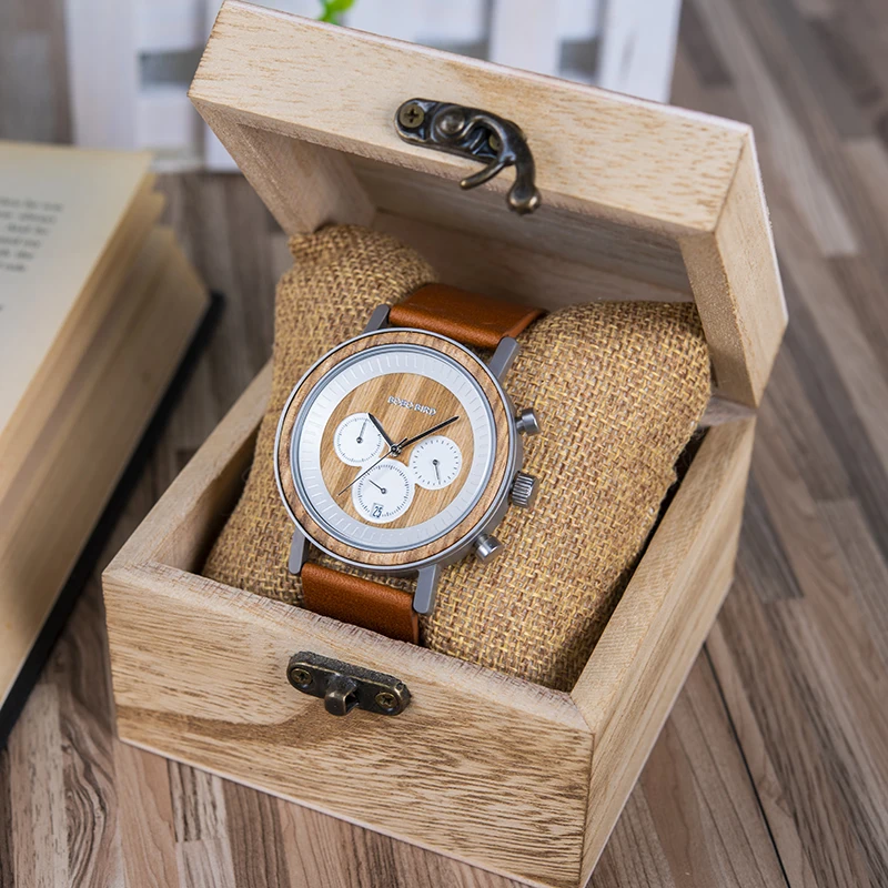 BOBO BIRD Chronograph Men Watches Stainless Steel Relogio Masculino Wooden Watch Women relojes para hombre in Wood Gift Box