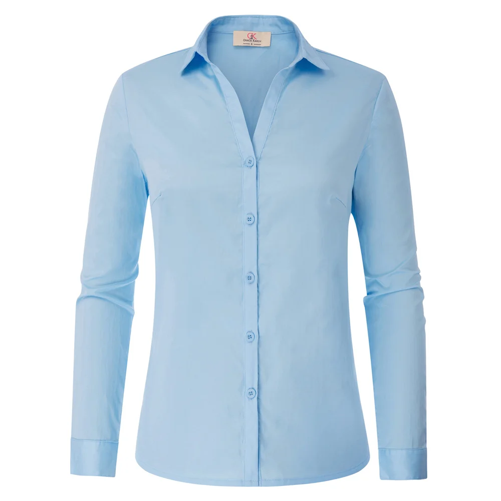

V neck Tops Button down Blouse Shirt Formal Business Slim Casual Summer Collar Women Solid Long sleeves