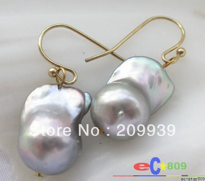

hj 0075 GRAY BAROQUE KESHI REBORN PEARL DANGLE EARRING 14K-20