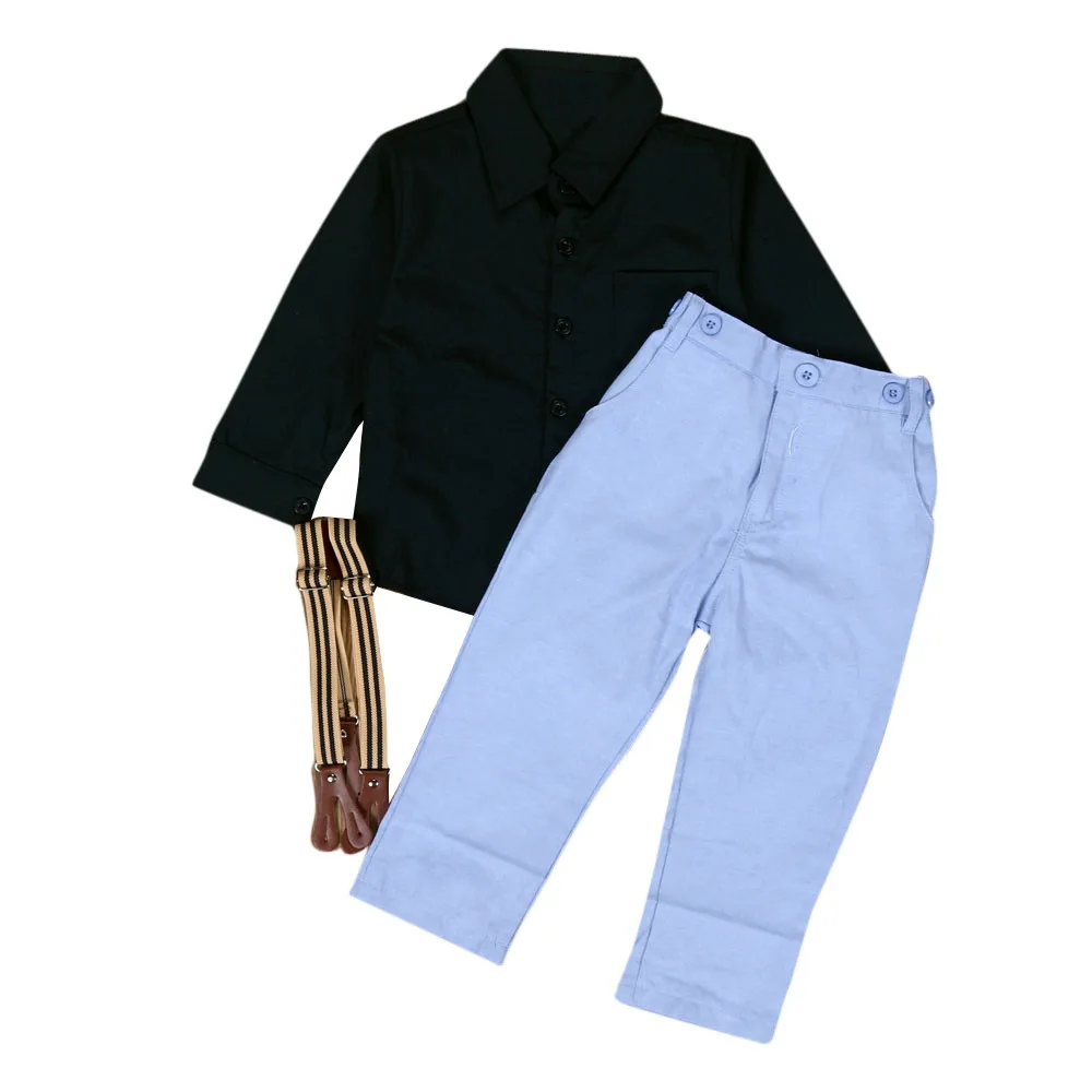 

Solid Color Single-breasted Top Bib Fashion Set 1Set Kids Baby Boys Long Sleeve T-Shirt Tops+Braces+Trousers Clothes Outfits F4