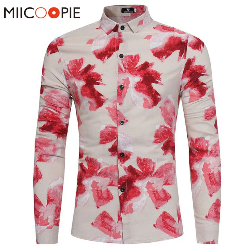 Fashion Retro Floral Printed Man Dress Shirts Classic Linen Shirt ...