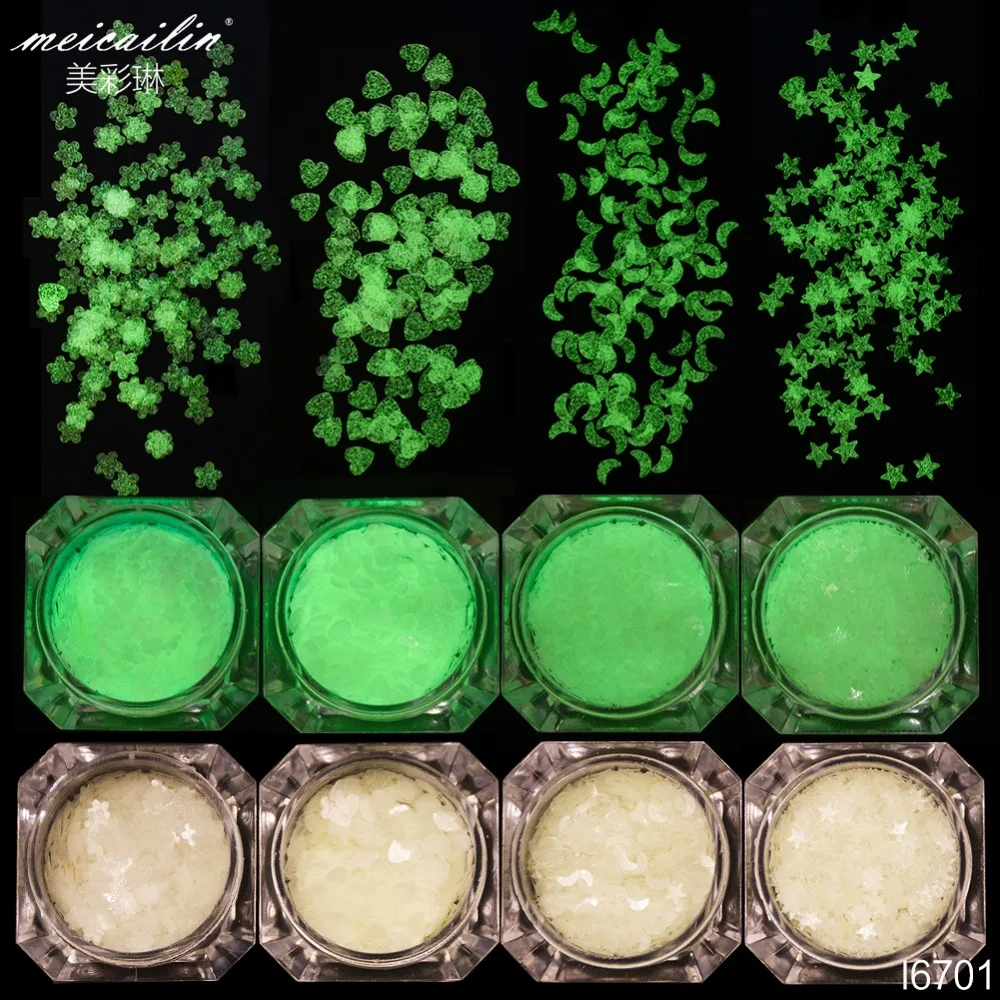 1 г/кор. светящиеся хлопья для ногтей яркий глиттер порошок для маникюра украшения для ногтей Смешанная форма ногтей блестки растут в темноте