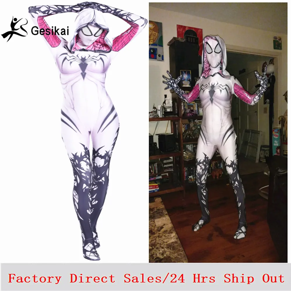 Spider Gwen Stacy Spandex Lycra Zentai Spiderman Costume for Halloween Cosplay Female Spider Suit Anti-Venom Gwen Girls Woman