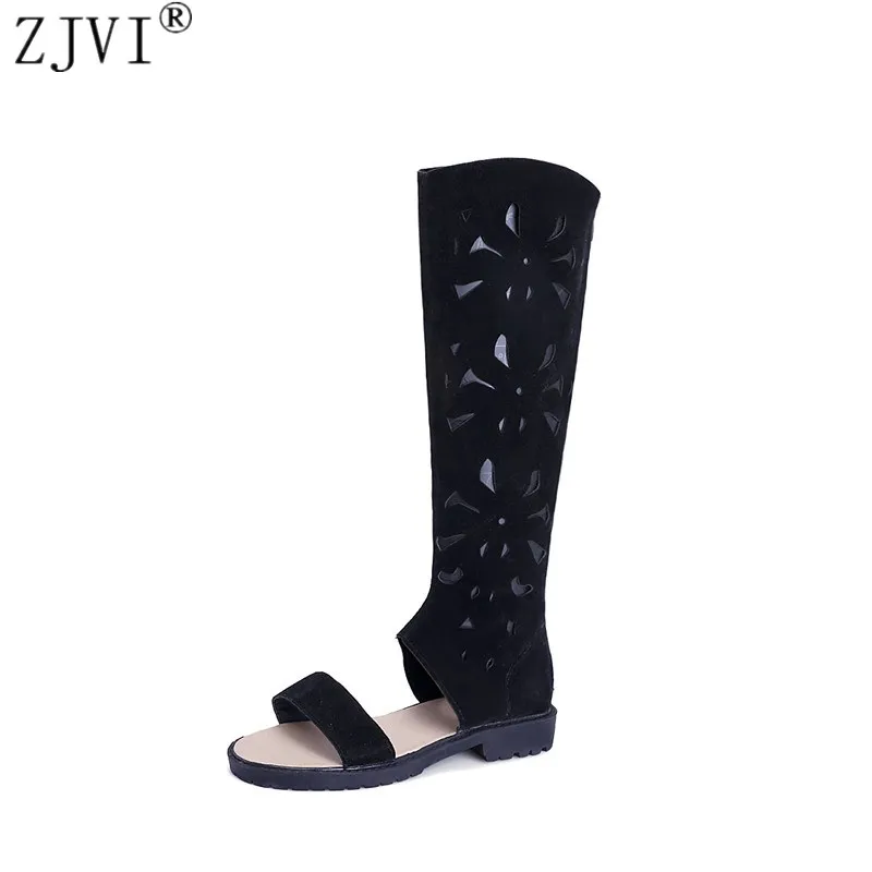 

ZJVI woman fashion suede summer thigh high boots women cut outs knee high boots 2019 womens nubuck shoes black sandals