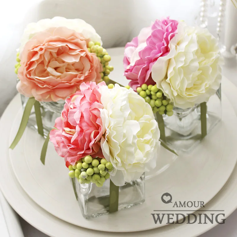 Two Color Large Peony Glass Vase Candy Box Quality Artificial