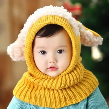 Korean version boys Girls winter puppy shape Siamese scarf hat Baby wool cloak warm shawl collar Hats - Color: Yellow