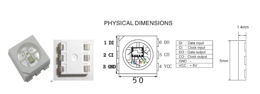 APA102 светодиодный 5050 SMD RGB полноцветный светодиодный чип; 6 контактов с APA102 IC встроенный; вход DC5V, 0,3 Вт, 60ма; SOP-6; 1000 шт./пакет