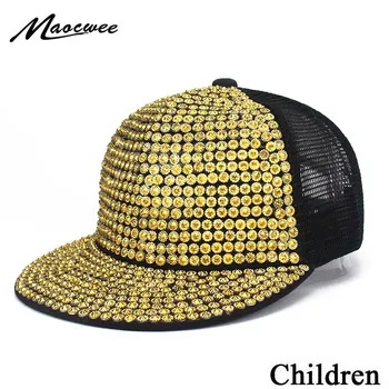 

Solid Golden Girl Rhinestone Baseball Cap Boy Baby Breathable Mesh Cap Adjustable Snapback Flat Hats For Children Dad Cap Bone