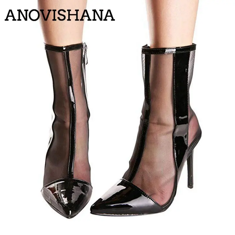 

ANOVISHANA Summer Women PVC ankle Boots Super Thin high heels Transparent Clear boots Pointed toe Slip on big size 41 E111
