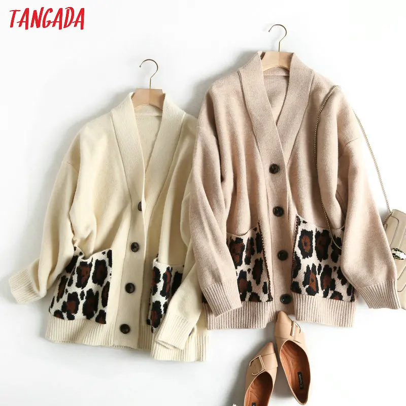 Baratos Tangada mujer otoño cárdigan de gran tamaño cuello en v leopardo sudadera con bolsillos manga larga superior 2019 lady knitted cardigan coat BC15