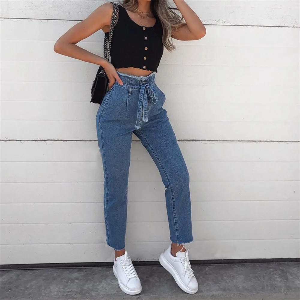 Женские джинсы с высокой талией свободные бантиком и дырками стрейч для мам 2019 |
