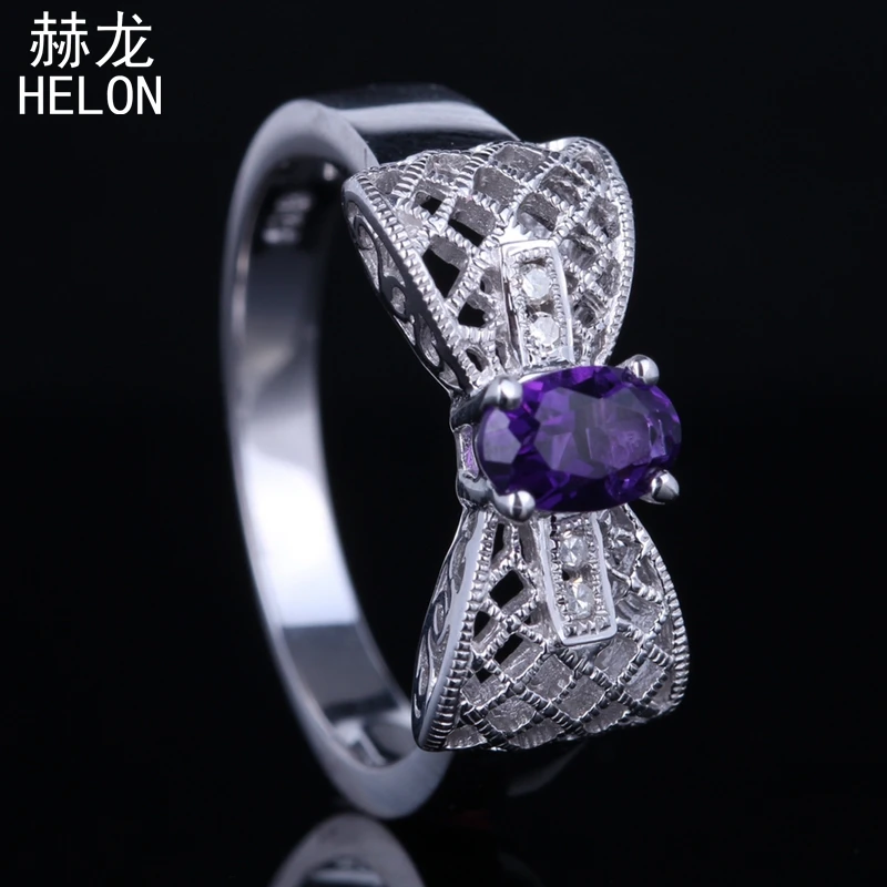 

Sterling Silver 925 Classic Genuine Amethyst Art Deco Engagement Ring Vintage Wedding Natural Diamond Jewelry Ring Oval 4x6mm
