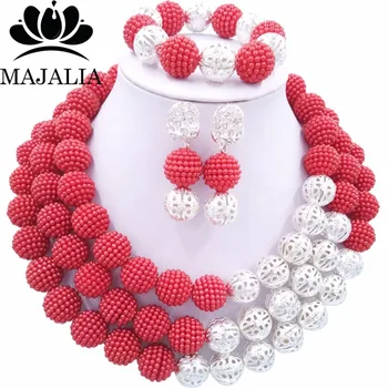 

Majalia Fashion Nigeria Wedding african beads jewelry set red necklace bracelet Bridal Jewelry set CX-074