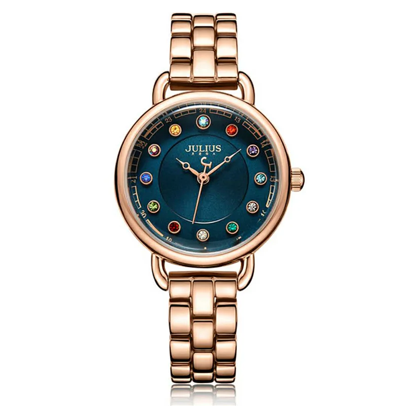 Новые женские часы Япония кварцевые женские часы Изысканная мода 12 цветов хрусталь камень браслет девушки Рождественский подарок Julius коробка - Цвет: Синий