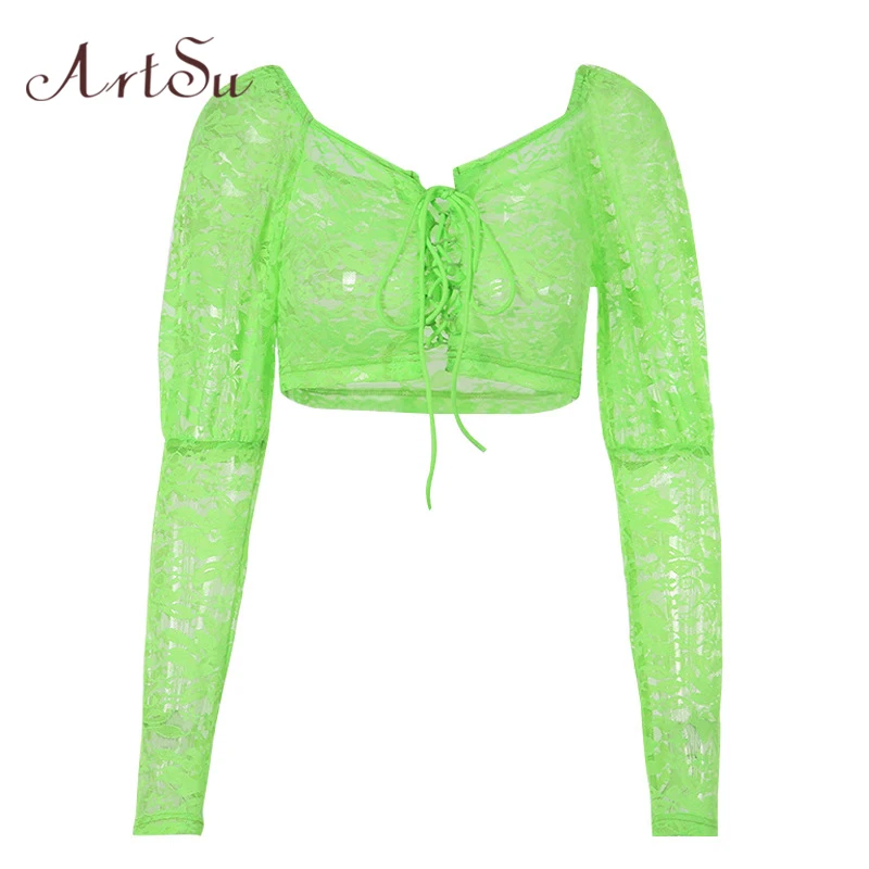

ArtSu 2019 Lace Long Sleeve Crop Top Green Neon Top Sexy Transparent T-shirt women Tee Shirt Femme Streetwear ASTS20839