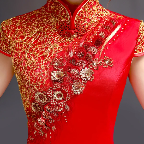 Китайское традиционное платье с вышивкой cheongsam вышитое свадебное Красное Кружевное Современное женское длинное qipao сексуальное Восточное официальное атласное