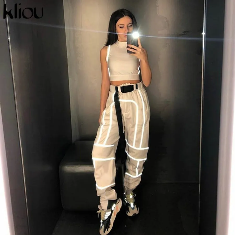 Kliou women fashion street Reflective patchwork cargo pants 2019 new arrival zipper fly with sashes pockets knitted trousers HTB1VQcWajDuK1RjSszdq6xGLpXaN - Kliou women fashion street Reflective patchwork cargo pants 2019 new arrival zipper fly with sashes pockets knitted trousers