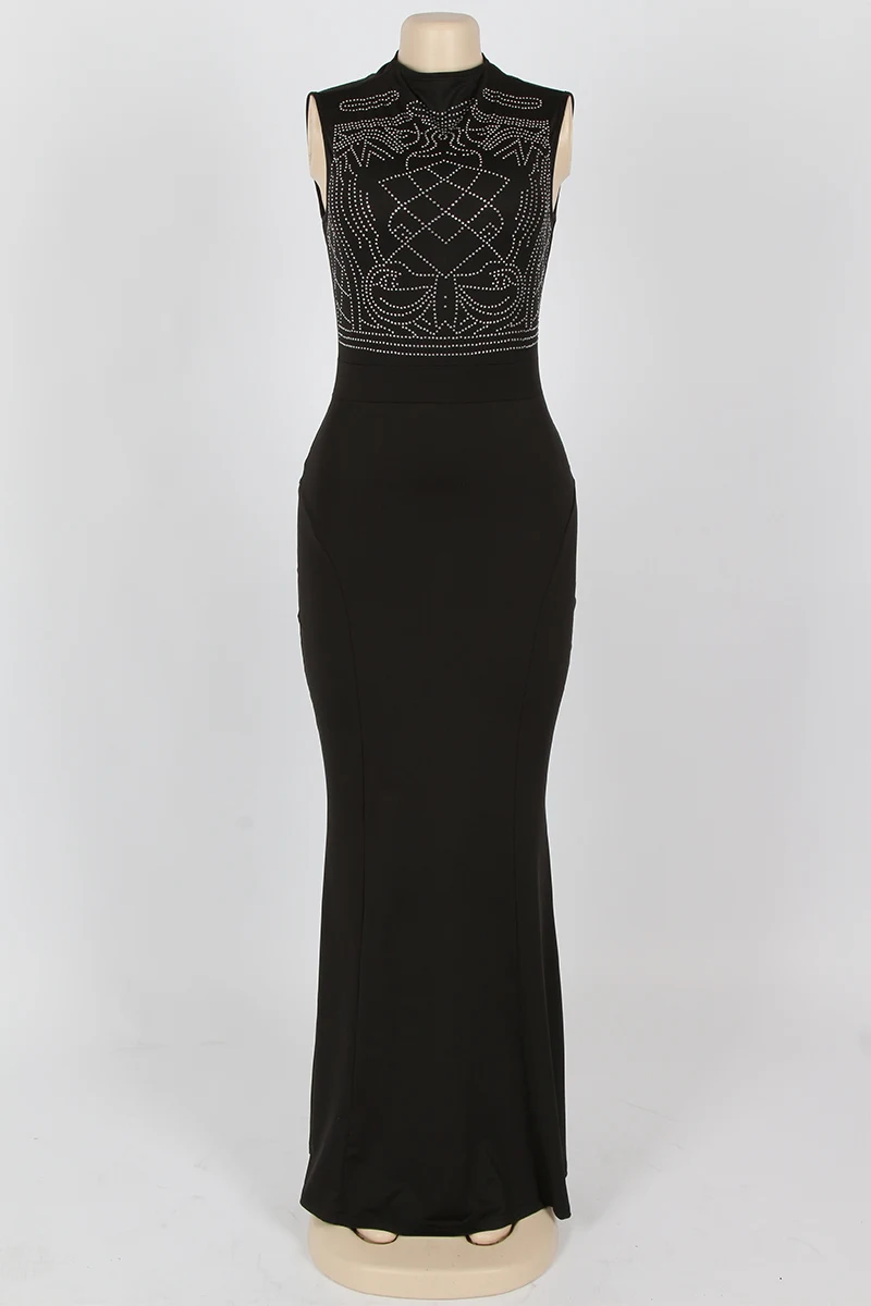 Sexy Club Dress 2016 Women Summer Sleeveless Maxi Dress Geometric Rhinestone Evening Party Black Long Dress Robe Longue Femme (2)
