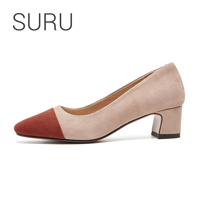 

SURU Mixed Color Square Toe Genuine Leather Suede Pumps Women 2" Chunky Heels Slip On Offfice Lady Shoes