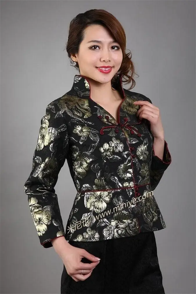 Черный Традиционный китайский стиль Женская шелковая атласная куртка пальто цветы Размеры S M L XL XXL XXXL