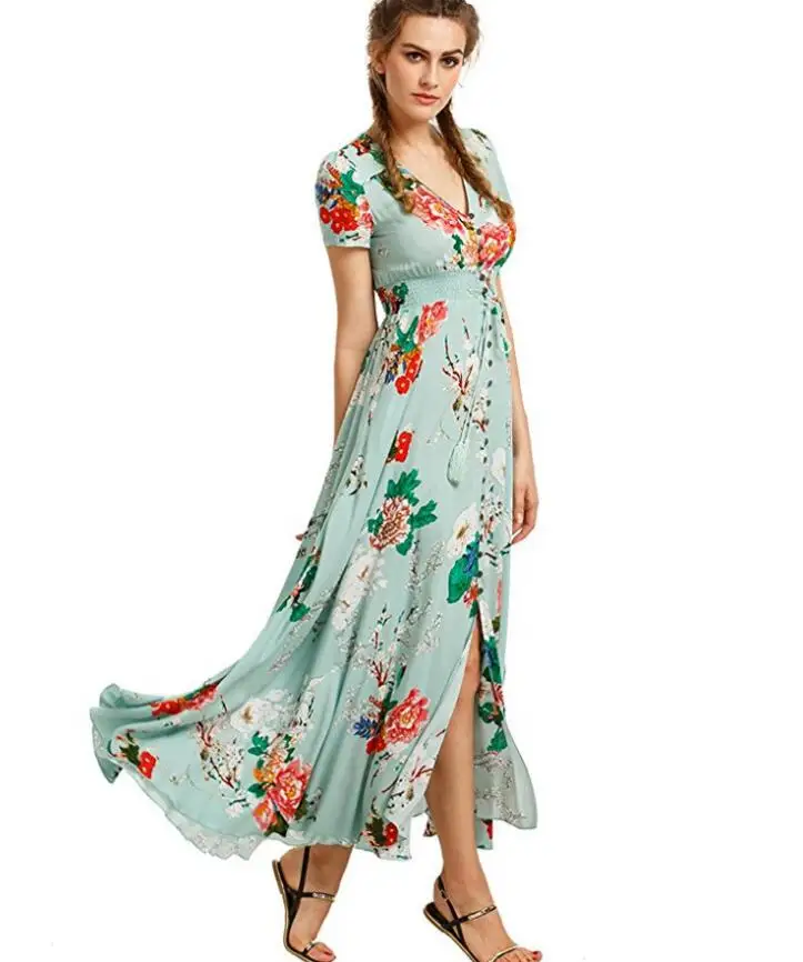 Женские платья, летнее платье, Женский Сарафан Макси, на пуговицах, с разрезом, цветочный принт, Струящееся вечернее платье, женские длинные платья Vestidos - Цвет: G