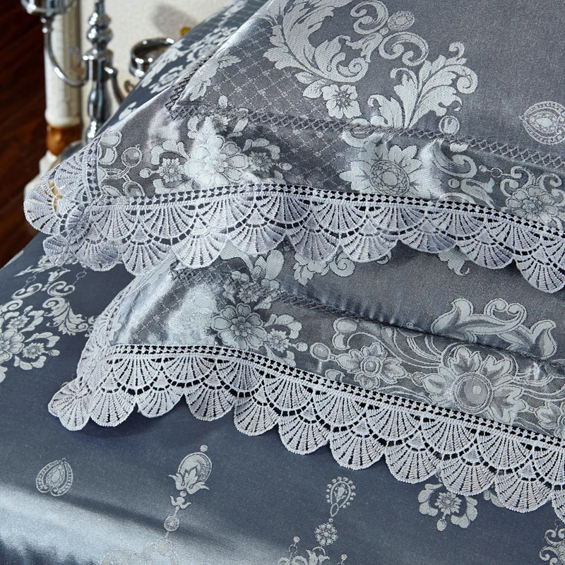 Waliicorners 4-Pcs gold silver lace Jacquard Bed Cover Queen King Size Luxury Bedding Set Silky Bedclothes Duvet Cover Bed Sheet set 11 7