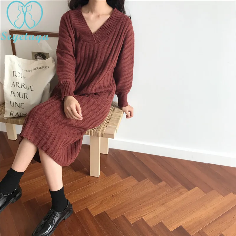 

663# V Neck Knitted Maternity Sweaters Autumn Winter Fashion Loose Long Dress Clothes for Pregnant Women Pregnancy Pullovers