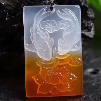 

Natural chalcedony qiao color fish and lotus pendant Tie-in chalcedony beads charm men and women style sweater chain