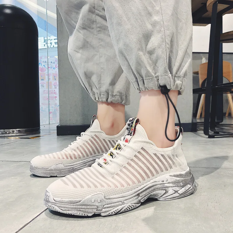 Ins Male Shoe Perforation Student Network Cloth Shoe Ventilation White Shoes Flying Motion Dad Shoe Zapatos De Hombre Sneakers