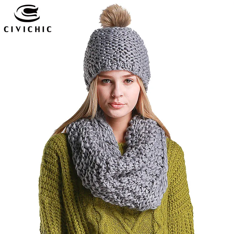 Civichic стильные из искусственной шерсти зимние теплые Вязание шапки и шарфа комплект унисекс ручной работы шапки с шалью для девочек Chic