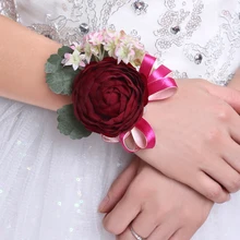 Свадебный Цветочный браслет невесты винно-красная роза женские вечерние декоративные руки искусственная пена корсаж подружки невесты с лентой