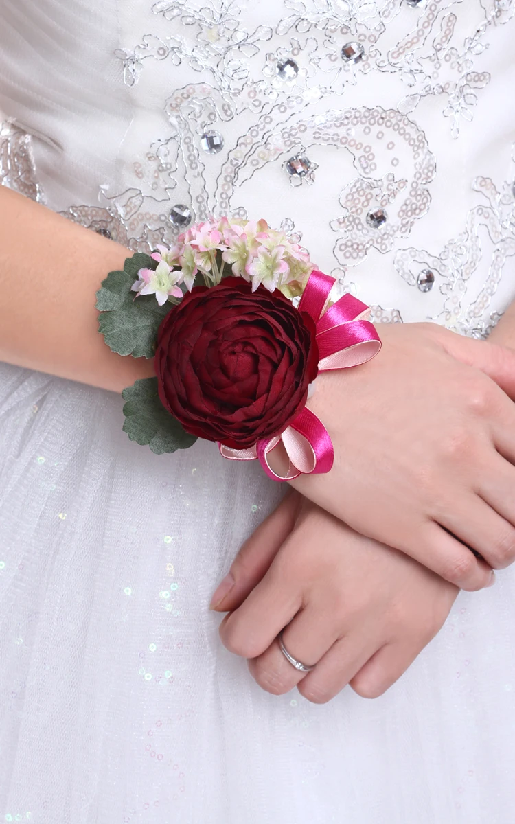 

2018 Wedding Bride Wrist Flowers Wine Red Rose Woman Party Hand Decorative Artificial Foam Corsage Bridesmaid With Ribbon