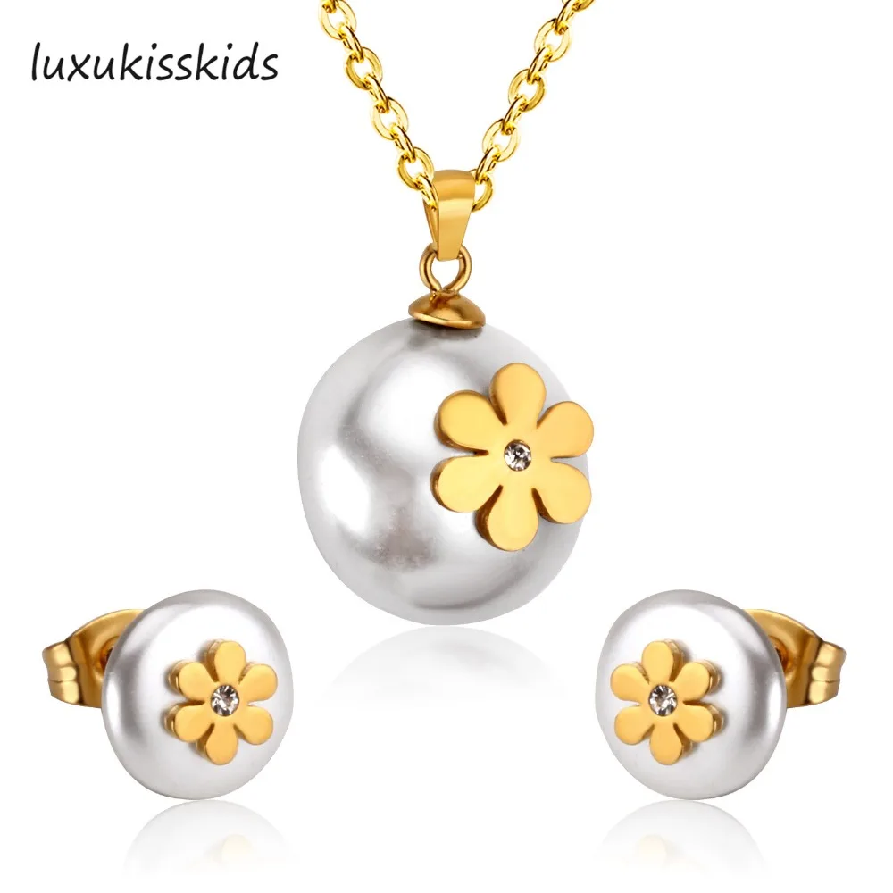 

LUXUKISSKIDS Brand New Fake Pearl Jewelry set With Flower Stainless Steel Sets Good quality