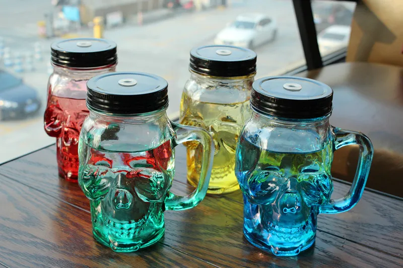 

New Arrival 450ml Transparent Fruit Juice Cool Drink Glass Skull Mason Jar Lemon Bottle with Cover Straw Sport Bottle