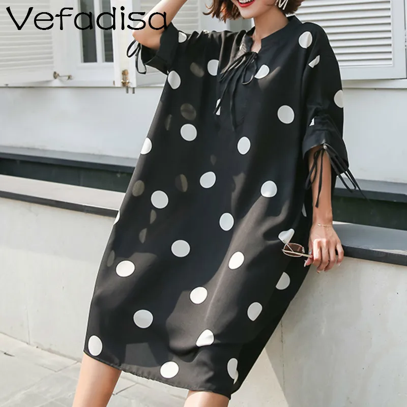 

Vefadisa Women Batwing Sleeve Mid-Calf Dress Women Black Dot Print Dress Women Casual Loose Dress 2019 Summer ZQY280A