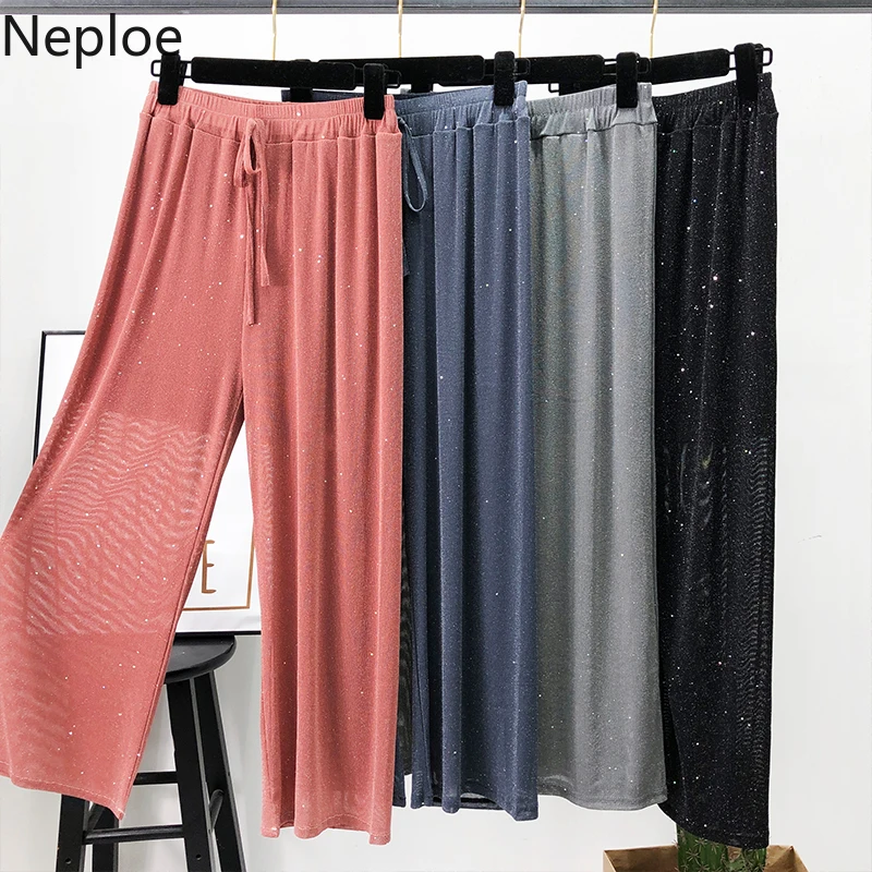 

Neploe Women Casual Wide Leg Ankle-Length Pants 2019 High Waist Drawstring Trousers Solid Bling Lady See Through Pantalon 39697