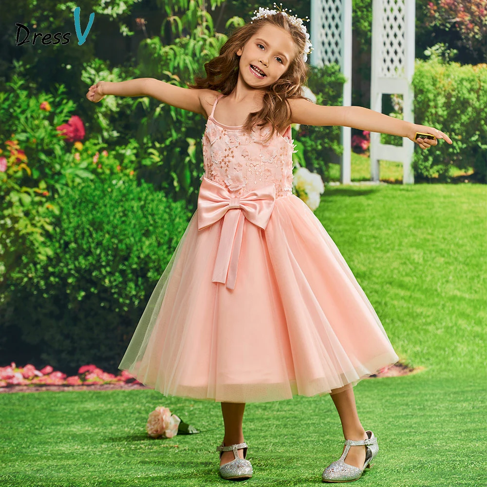 Dressv flower girl dress spaghetti straps birthday party prom ball kid gowns with appliques