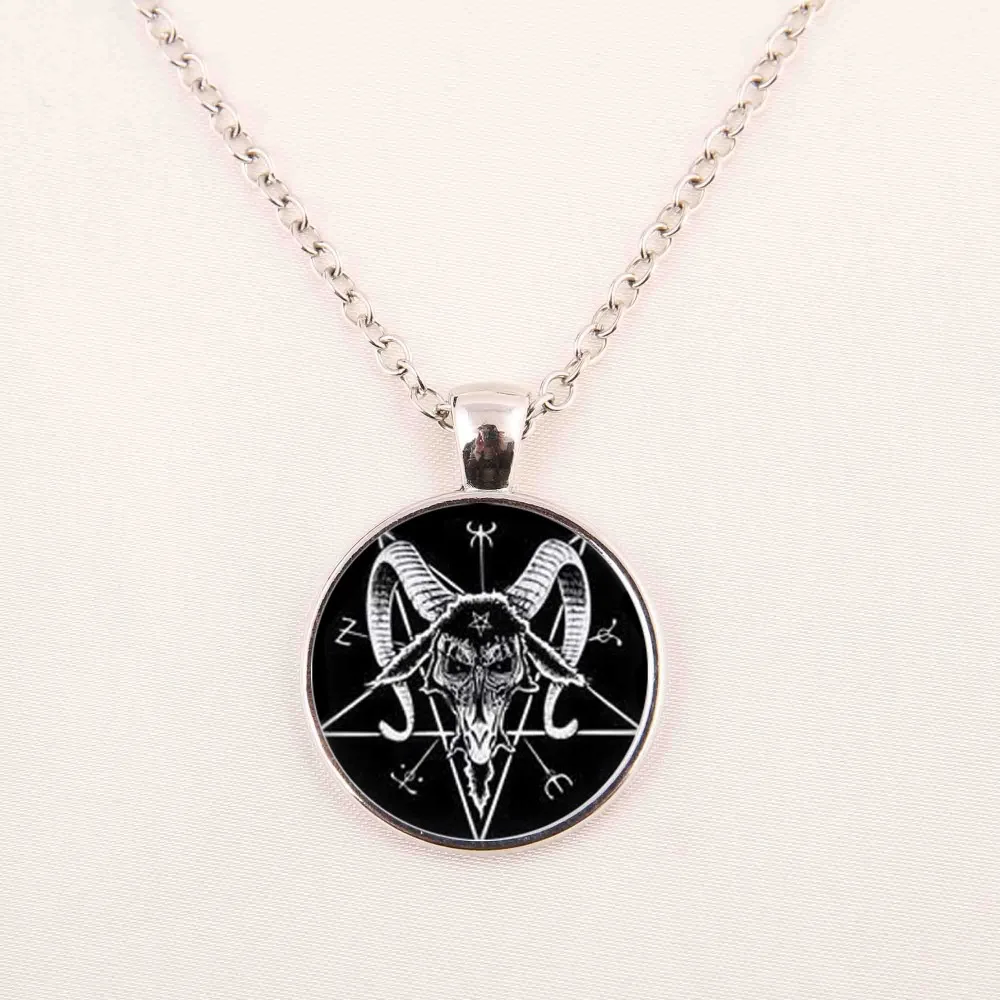 

Satanism Pendant Necklace Sigil of Leviathan Baphomet Necklace Silver Chain Mens Womens Satanic Symbol Glass Pendant Men Jewelry