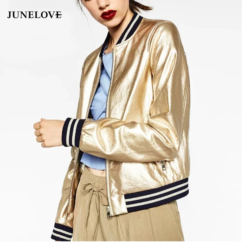 

JuneLove Metal Color Women Bomber Jacket ladies PU leather jacket Pu Leather Baseball Jacket female Zipper Befree Coat Outwears